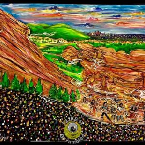 Vibrant painting of outdoor concert among red rocks