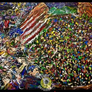 Colorful abstract crowd, musicians, and American flag