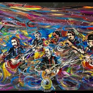 Colorful psychedelic painting of a band performing