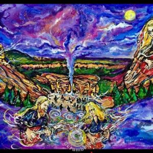 Psychedelic mirrored mountains with guitarists, starry sky