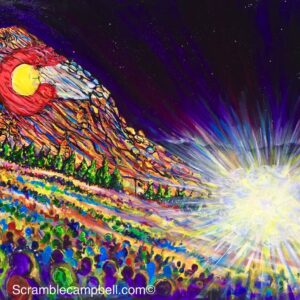 Vibrant crowd facing bright light near mountain
