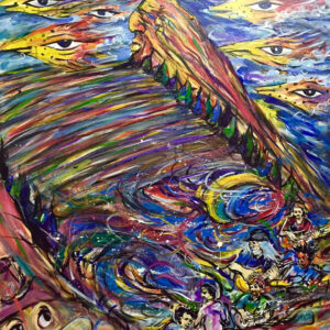 Colorful surreal painting with wing and eyes