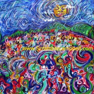 Colorful abstract crowd beneath smiling moon face