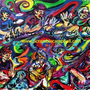 Vibrant abstract band painting with instruments