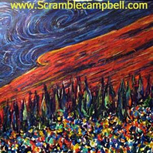 Vibrant painting of red rock and swirling sky