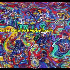 Colorful psychedelic painting of a band performing
