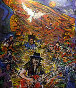 Psychedelic concert painting with guitarist and dove