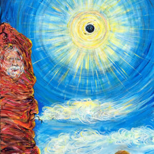 Bright sun over red rock coastal landscape painting
