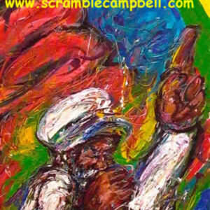 Colorful painting of performer pointing under rainbow