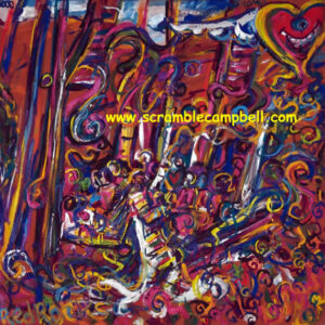 Vibrant abstract carnival painting with swirling shapes