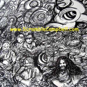 Black ink drawing of swirling faces and figures