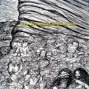 Swirling ink sketch of bearded men