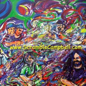 Colorful abstract painting of musicians playing guitars