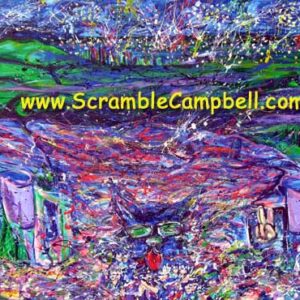 Colorful abstract landscape painting with website text
