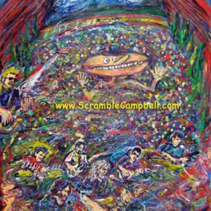 Psychedelic concert painting of band and UFO