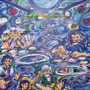 Colorful psychedelic musicians under swirling cosmic eye