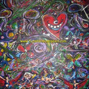 Colorful abstract painting with grinning red heart