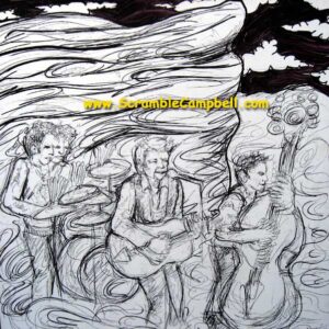 Sketch of three musicians with guitar, upright bass