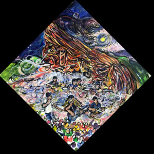 Surreal colorful painting of giant bird over concert