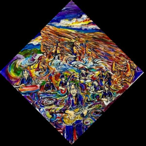 Vibrant psychedelic painting of band by sea