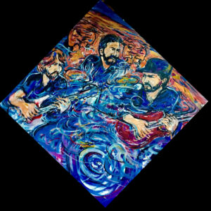Colorful abstract painting of three guitarists