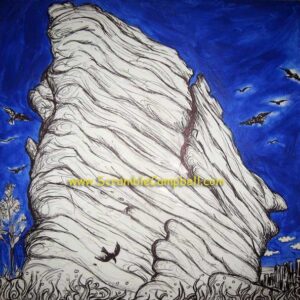Illustrated tall white rock formation with birds