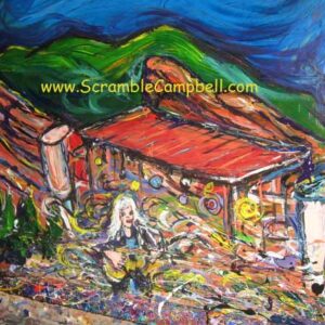 Colorful painting of cabin, hills, and guitarist