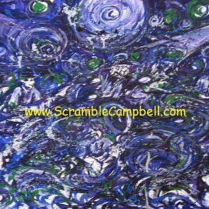 Blue abstract swirling painting with figures