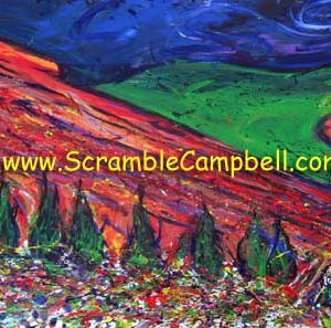Vibrant abstract painting of red ridge and hills
