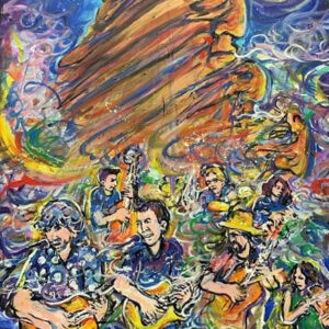 Psychedelic painting of band playing guitars