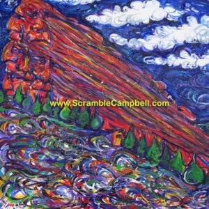 Colorful swirling landscape painting with red mountain