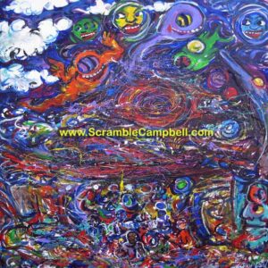 Colorful abstract painting with swirling smiling faces