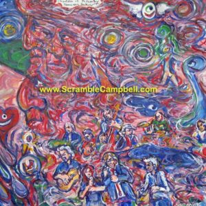 Colorful psychedelic painting of musicians and swirls