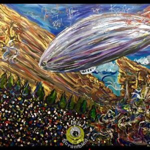 Colorful painting of zeppelin over mountains and crowd