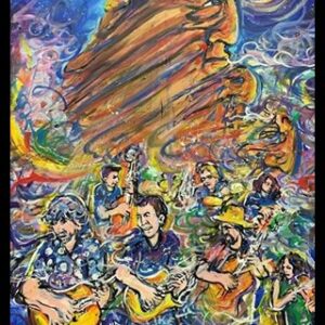Psychedelic painting of band performing with guitars