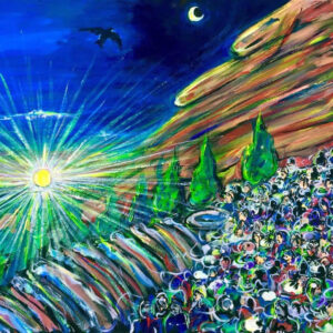 Colorful painting of sunrise over crowded hillside