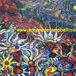 Swirling colorful abstract painting with website text