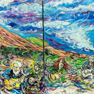 Colorful psychedelic mural with musicians and mountains