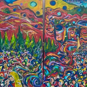 Vibrant psychedelic abstract landscape with swirling colors