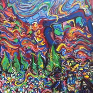 Vibrant abstract festival scene with swirling sky