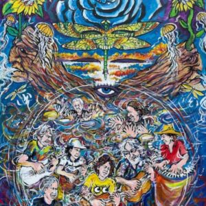 Psychedelic mural of musicians under blue rose