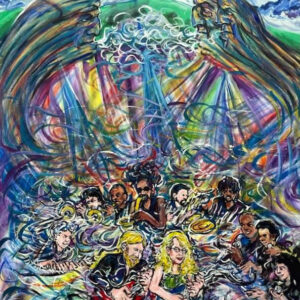 Vibrant painting of musicians surrounded by angels