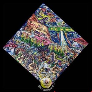 Colorful psychedelic diamond artwork with UFO and faces
