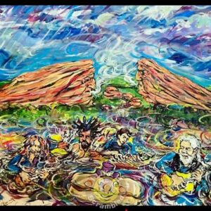 Colorful painting of musicians playing in swirling water