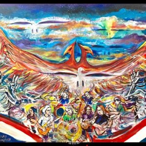 Colorful phoenix painting with musicians and skeletons
