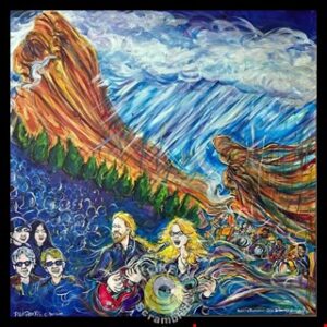 Psychedelic concert painting with musicians and crowd