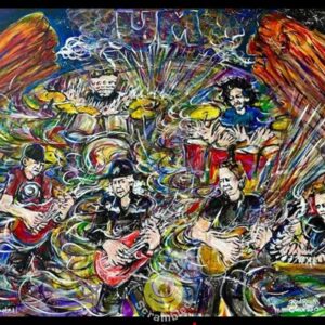 Psychedelic band painting featuring guitars and drums