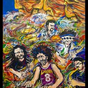 Vibrant painting of musicians amid swirling faces