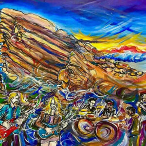 Vibrant psychedelic painting of band near cliff
