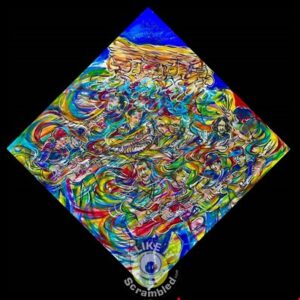 Colorful abstract painting of swirling musicians and instruments